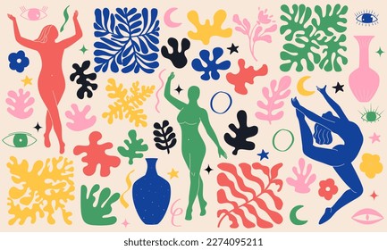 Groovy doodle and abstract art set. Matisse random organic shapes and female silhouettes in trendy retro 60s 70s style.