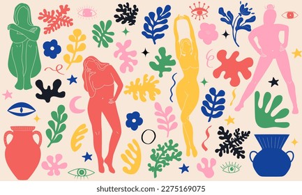 Groovy doodle and abstract art set. Matisse random organic shapes and female silhouettes in trendy retro 60s 70s style.