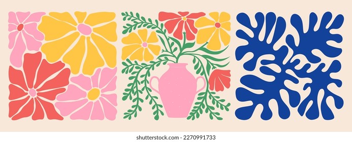 Groovy doodle and abstract organic plant shapes art set. Matisse floral posters in trendy retro 60s 70s style.