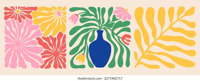 Groovy doodle and abstract organic plant shapes art set. Matisse floral posters in trendy retro 60s 70s style.