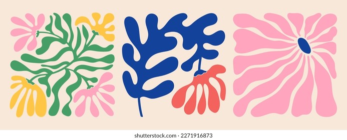 Groovy doodle and abstract organic plant shapes art set. Matisse floral posters in trendy retro 60s 70s style.