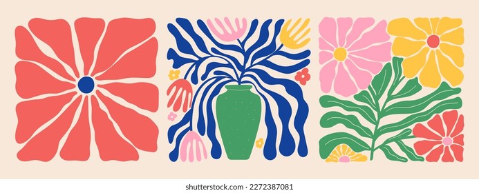 El doodle groovy y las plantas orgánicas abstractas dan forma a un conjunto de arte. Afiches florales matisse al estilo de moda retro de los años 70.