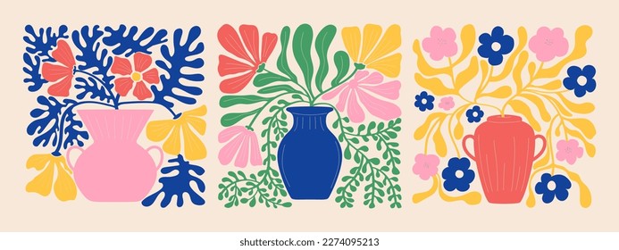 Groovy doodle and abstract organic plant shapes art set. Matisse floral posters in trendy retro 60s 70s style.