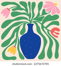 Groovy doodle and abstract organic plant shapes art. Matisse floral poster in trendy retro 60s 70s style.