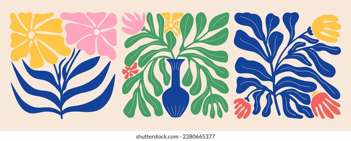 Groovy doodle and abstract organic plant shapes art set. Matisse floral posters in trendy retro 60s 70s style.