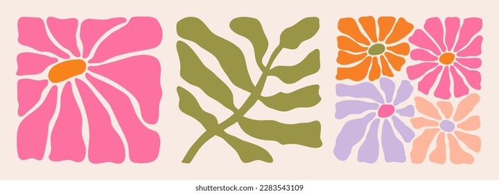 Groovy doodle and abstract organic plant shapes art set. Abstract botanical elements set. Matisse floral posters in trendy retro 60s 70s style.