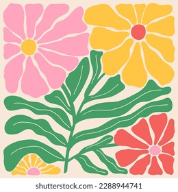 Groovy doodle and abstract organic plant shapes art. Matisse floral poster in trendy retro 60s 70s style.