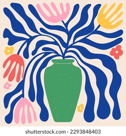 El doodle groovy y las plantas orgánicas abstractas dan forma al arte. Afiche floral matisse al estilo de los 70 retro de moda.