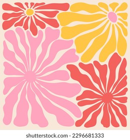 Groovy doodle and abstract organic plant shapes art. Matisse floral poster in trendy retro 60s 70s style.