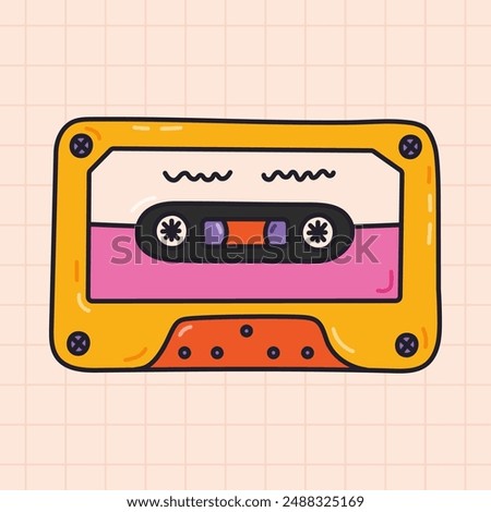 Groovy doodle audio tape from Y2k aesthetic. Retro cassette, music mixtape as symbol of 90s and 00s. Stereo device with hand drawn outline isolated on background. Nostalgia for vintage, 1990s vibes.