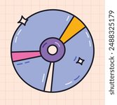 Groovy doodle of CD and DVD compact disc from 90s and 00s. Retro CD rom for multimedia, music or film playing as badge of Y2k. Nostalgia for 1990s aesthetic. Hand drawn computer software with outline.