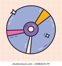 Groovy Doodle von CD und DVD Compact Disc aus den 90er und 00er Jahren. Retro CD-ROM für Multimedia, Musik oder Film als Abzeichen von Y2k. Nostalgie für die Ästhetik der 1990er. Handgezeichnete Computersoftware mit Umriss.