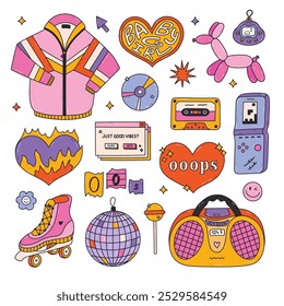 Groovy doodle hand drawn Y2k set with symbols from 90s, 00s. Retro sketch aesthetic clipart of sport jacket, radio, disco ball, balloon dog, oops, cassette, roller skate. Nostalgia for 1990s vibe