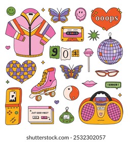 Groovy doodle hand drawn Y2k set with symbols from 90s, 00s. Retro aesthetic clipart of sport jacket, radio, electronic toy, butterfly, disco ball, cassette, roller skate. Nostalgia for 1990s vibe