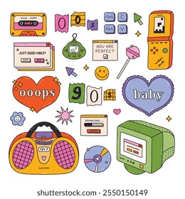 Groovy doodle hand drawn Y2k set with symbols from 90s, 00s. Retro outline aesthetic clipart of vintage radio, electronic toy, Oops heart, old PC, cassette tape, yin yang. Nostalgia for 1990s vibe.