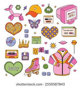 Groovy doodle mão desenhada Y2k conjunto com símbolos de 90s, 00s. Retro clipart estética de jaqueta esporte, cão de balão, borboleta, chama, coração, PC velho, cassete, patins de rodas. Nostalgia pela vibração dos anos 90.