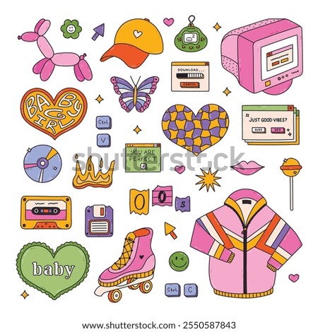 Groovy doodle hand drawn Y2k set with symbols from 90s, 00s. Retro aesthetic clipart of sport jacket, balloon dog, butterfly, flame, heart, old PC, cassette, roller skate. Nostalgia for 1990s vibe.