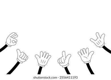 Groovy doodle hands clapping and giving thumbs up. Applause gesture for approval, gratitude, and celebration of success. Hand drawn vector art showcasing positive energy and recognition