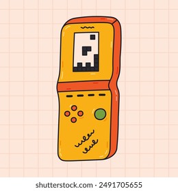 Groovy doodle retro game console from 90s and 00s. Retro electronic toy as badge of Y2k. Nostalgia for vintage and 1990s aesthetic, vibes. Hand drawn isolated old game device with outline.