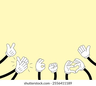 Groovy doodle style hands clapping and showing thumbs up. Applause and appreciation concept for celebrating success. Hand drawn vector illustration full of energy and positivity