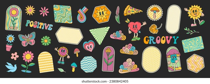 Groovy doodles set. Hippie retro stickers. 70s groovy style. Retro groovy stickers. 60s doodle patch badges. Vintage cartoon characters.
