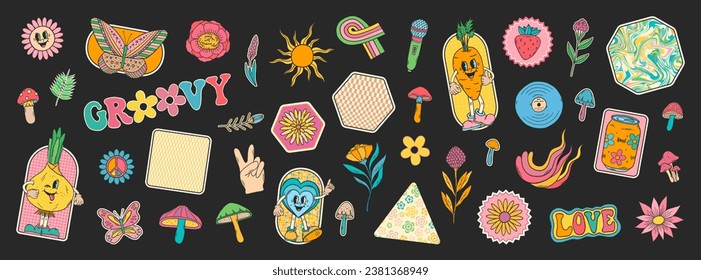 Groovy doodles set. Hippie retro stickers. 70s groovy style. Retro groovy stickers. 60s doodle patch badges. Vintage cartoon characters.