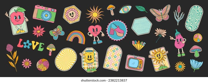 Groovy doodles set. Hippie retro stickers. 70s groovy style. Retro groovy stickers. 60s doodle patch badges. Vintage cartoon characters.