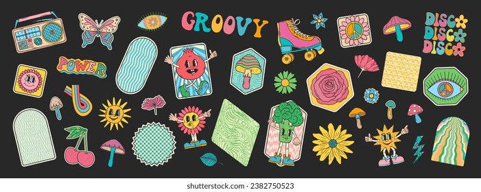 Groovy doodles set. Hippie retro stickers. 70s groovy style. Retro groovy stickers. 60s doodle patch badges. Vintage cartoon characters.