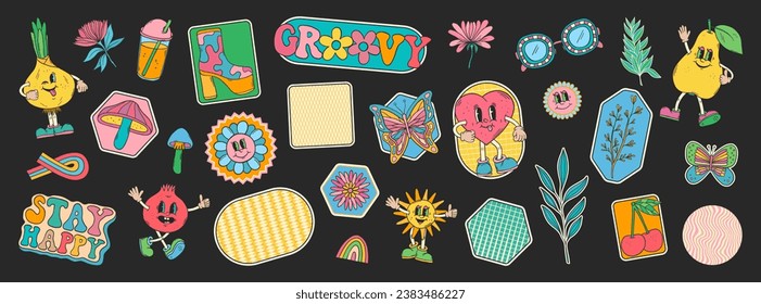 Groovy doodles set. Hippie retro stickers. 70s groovy style. Retro groovy stickers. 60s doodle patch badges. Vintage cartoon characters.