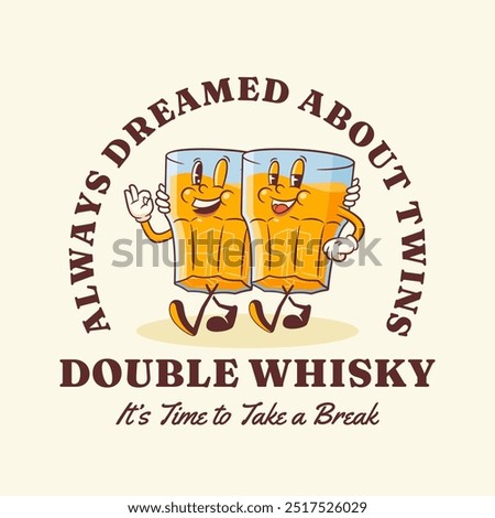 Groovy Double Whiskey Retro Characters Illustration Label. Cartoon Whisky Drinking Glass Twins Walking Smiling Vector Food Mascot Template with Funny Saying Happy Vintage Beverages Drawing Emblem