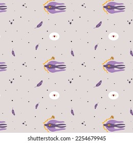 Groovy dove magenta with heart Seamless Pattern. Hippie Retro Style for Print on Textile, Wrapping Paper, Web Design and Social Media. Pink and Purple Colors.