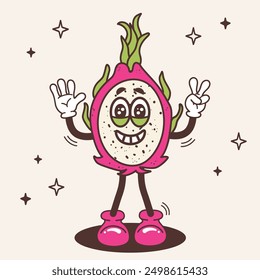 Groovy dragon fruit character. Pitahaya fruit in retro vintage trendy style. Modern illustration with cute comics characters. Funny vector mascot. 60 -70s vibes sticker.