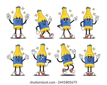 Groovy Drink Bottle Character Vibrant Animation Set. Cartoon Glass Flask With Beer, Lemonade Or Soda Beverage