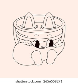 Personaje de gato de bebida Groovy con orejas y cola en estilo de arte de línea. Taza retro de café. Ilustración vectorial aislada sobre un fondo claro.