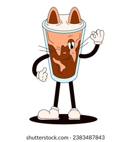 Groovy drink cat character in shape of Iced cold brew coffee. Character with ears and whiskers in cartoon style. Vector illustration isolated on a white background.