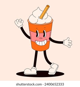 Groovy drink character in shape of disposable coffee cup. Retro cartoon person. Vector illustration isolated on a peach background.