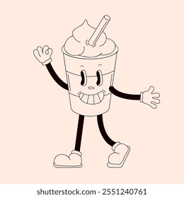 Groovy drink character in shape of disposable coffee cup with drinking straw in line art. Vintage design for cafe, menu, restaurant, coloring book.