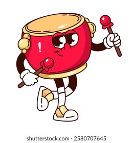 Groovy drum cartoon character holding sticks. Funny retro traditional Chinese red drum walking. Lunar New Year dance, music mascot, cartoon old instrument sticker of 70s 80s style vector illustration