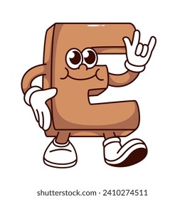 Groovy E alphabet letter cartoon character with horn gesture. Funny retro font mascot walking, cartoon brown glossy E letter with rock band sign, typography sticker of 70s 80s vector illustration
