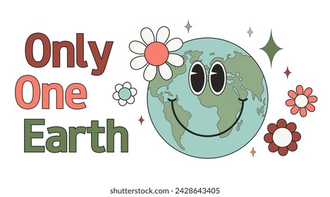 Groovy Earth. 70s style. Sticker, t-shirt design, banner, poster, card in trendy retro style. Only one Earth concept. Vector illustration.