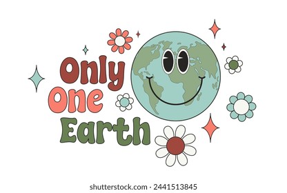 Groovy Earth character. 70s style. Sticker, t-shirt design, banner, poster, card in trendy retro style. Only one Earth concept. Vector illustration.