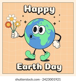 Groovy earth character. Retro style earth day poster, banner, social media post template