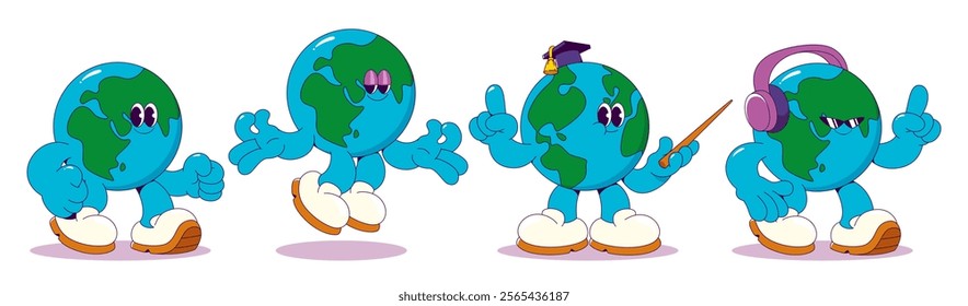 Groovy earth characters set isolated on white background. Contemporary vector cartoon illustration of y2k globes with smiling faces walking, jumping, wearing earphones and academic hat, school mascots