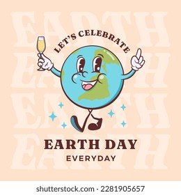Groovy Earth Day Celebration retro cartoon character greeting card. Happy planet with champagne glass smiling label template. Vector logo mascot illustration in trendy vintage comic style. Isolated