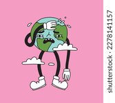 Groovy Earth Day character mascot. Our Planet Earth illustration in retro cartoon style. Sad, exhausted, too hot emotion Earth globe, isolated. Happy Earth day card. Hand drawn vector collection