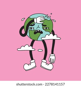 Groovy Earth Day character mascot. Our Planet Earth illustration in retro cartoon style. Sad, exhausted, too hot emotion Earth globe, isolated. Happy Earth day card. Hand drawn vector collection