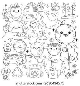 Groovy Earth Day Doodle Cartoon Style Hand Drawn Elements Outline Coloring Page Vector