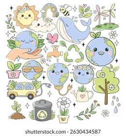 Groovy Earth Day Doodle Cartoon Style Hand Drawn Elements Vector