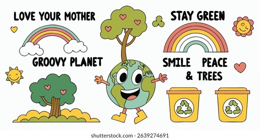 Groovy earth day illustration showing environmentalism and earth friendly symbols for a sustainable future