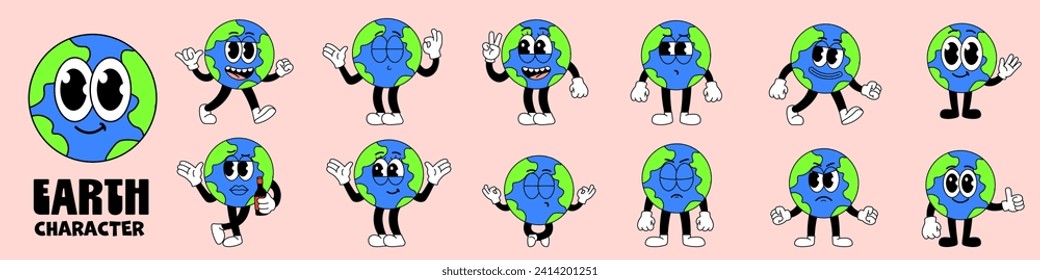 Groovy earth mascot character. Earth day design. Trendy retro 70s sticker pack.